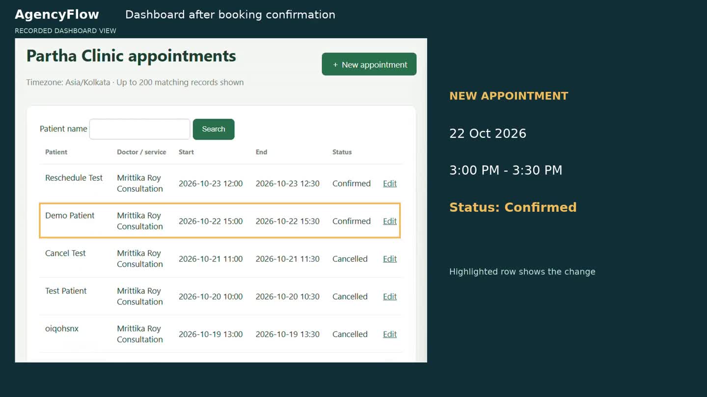 AgencyFlow recorded demo showing a WhatsApp booking and clinic dashboard